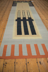 Flat weave modern Kilim runner, abstract geometric blocks, silver, black, and terra cotta.