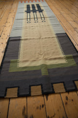 Architectural geometric blocks and deep sage green on the contemporary kilim runner's end.