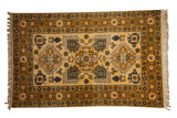 Vintage Siberian Caucasian hand-knotted carpet with bursting finned medallions, saffron yellow field, 5x8.