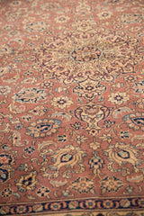 Dark beige field of the Romanian Tabriz rug with navy blue vinery and ivory palmettes.