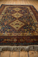 Vintage Indian Shiraz rug fringe and chestnut brown border with animal and plant motifs.