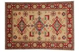 Hand-knotted Kazak, ivory field with triple medallion, red and blue.