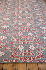 Low-angle view showing the dimension of raised knotted pile on a flatweave Samarkand design carpet.