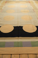 Large beige circle on black band and green-gray banded border of a contemporary kilim.