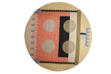 Round Vintage Contemporary Kilim, abstract rectilinear and circular pattern in pink, beige, black, olive, 9'10