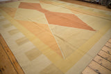 Vintage contemporary Kilim carpet, showcasing its geometric block border and intact selvage.