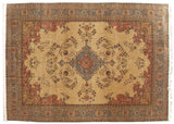 Vintage Romanian Tabriz design carpet with large ivory medallion, slate blue and dusty rose floral field, 13x18.