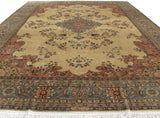 Vintage 1960s Romanian Tabriz carpet with rich floral sprays and a slate blue medallion.