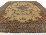 Hand knotted rug fringe and border with slate blue, dusty rose floral motifs.