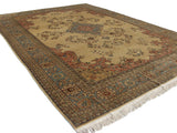 White fringe and intricate slate blue, dusty rose floral border on a Romanian rug.