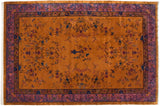 Vintage Nichols Art Deco carpet with a central blossomed vase on a gold field and intricate purple and cobalt blue borders.