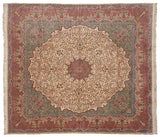 Vintage square carpet with a starburst medallion and millefleur field in ivory, rose, and green.