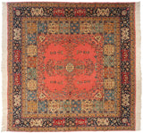 Vintage Bulgarian Tabriz square rug with deep blush field, intricate floral medallion, multi-color panels.
