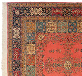 Vintage Bulgarian Tabriz design rug corner, blush field, ivory fringe, intricate patterned border.