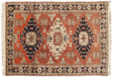 Vintage Persian Meshkin carpet, triple medallions, geometric floral animal motifs, copper, navy, ivory.