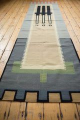 Contemporary Kilim runner's architectural border featuring black outlined coffee brown squares and charcoal blocks.