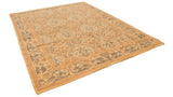 Spanish Arts and Crafts rug border with scrolling vinery and vase motifs; gold, ivory, slate floral field.