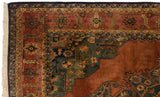 Vintage Indian Serapi rug corner detail, fringed selvage, serrated palmette border in terra cotta.