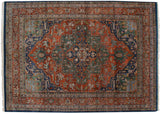 Vintage Indian Heriz carpet, oversize medallion, geometric vinery, samovar border, terra cotta, blues, 10'2