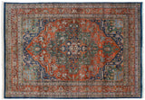 Lower right corner of the vintage Indian Heriz rug, showing geometric vinery and blue samovar main border.