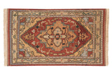 Vintage Indian Serapi Soumac rug with stepped medallion, brick red and beige palmettes, 3'2