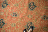 Vintage Indian Soumac rug: terra cotta, dusty navy, sage green floral palmettes and vinery.