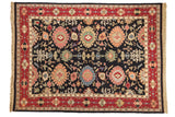 Vintage Indian Serapi Soumac carpet: black field, oversized asymmetric palmettes, wine red border.