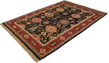 Corner of Indian Serapi Soumac carpet: wine red border, ivory band, black field palmettes.