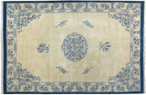 Vintage Indian Peking carpet, ivory field, indigo blue roundel medallion, cloud bands, germinating plants.
