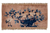 Vintage Tea Washed Peking runner with birds, lotus flowers, pale bronze beige and blues, 2x4.