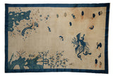 Antique Peking rug, pictorial phoenix, butterflies, blue rock bluffs on ivory. 5x7.5.