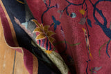 Intact side selvage and rich blush pile with navy border of vintage Art Deco runner.