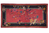 Vintage Nichols Art Deco runner, blush pictorial scene with bird, butterfly, navy border.