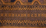 Pakistani Ersari rug detail; geometric bands in ochre, navy, and muted red tones.