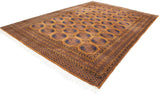Vintage Ersari rug corner: ochre geometric borders, navy plant motif medallions.