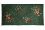 Dark copper green Nichols Art Deco runner, carved field, colorful floral sprays, 2'x3'10