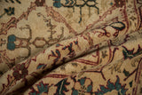 Soft pile surface reveals ivory, wine red, and aqua blue trellis plant motifs.