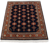 Staggered columns of geometric plant and finned hook motifs in rust and navy.