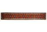 Hand-knotted vintage Indian Turkmen design runner in rust, navy, and ivory geometric medallions.