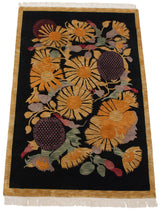 Vintage Indian Art Deco carpet, black field, large gold starburst florals, mauve, 6x9.