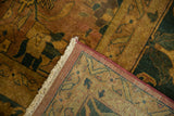 Vintage Agra carpet corner showing copper and teal Herati pattern, light fringe, and woven reverse.