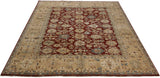 Large Agra carpet shown at an angle, detailing the red palmette field and wide sand-colored border.