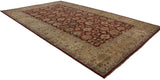 Angled perspective of a large Agra carpet with an allover red palmette design and wide beige border.
