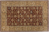 New Agra carpet with an oversize palmette design covering the cherry red field and wide beige border.