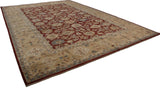 Angled view of a vintage Agra carpet highlights its red floral field and expansive, multi-banded beige border.