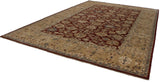 An angled view along the length of the Agra carpet, showing its expansive cherry red field and wide beige border.