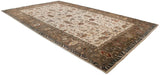 Angled view of a large Indian Serapi design carpet, showing the ivory field and wide olive and navy borders.