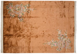 Vintage Art Deco copper field carpet, pastel floral foliage, dimensional carved border.
