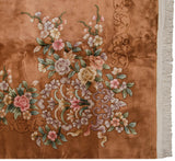 Vintage Art Deco carpet: blush flowers, green vines, and embossed piled carving with fringe.