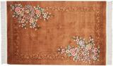 Vintage Chinese Art Deco rug with dimensional copper field and pastel floral carvings, 4x6.